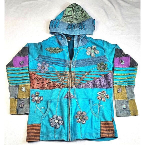 Rising International Womens Multicolor Patchwork Zip Hoodie Jacket Size XL Boho - Picture 1 of 15
